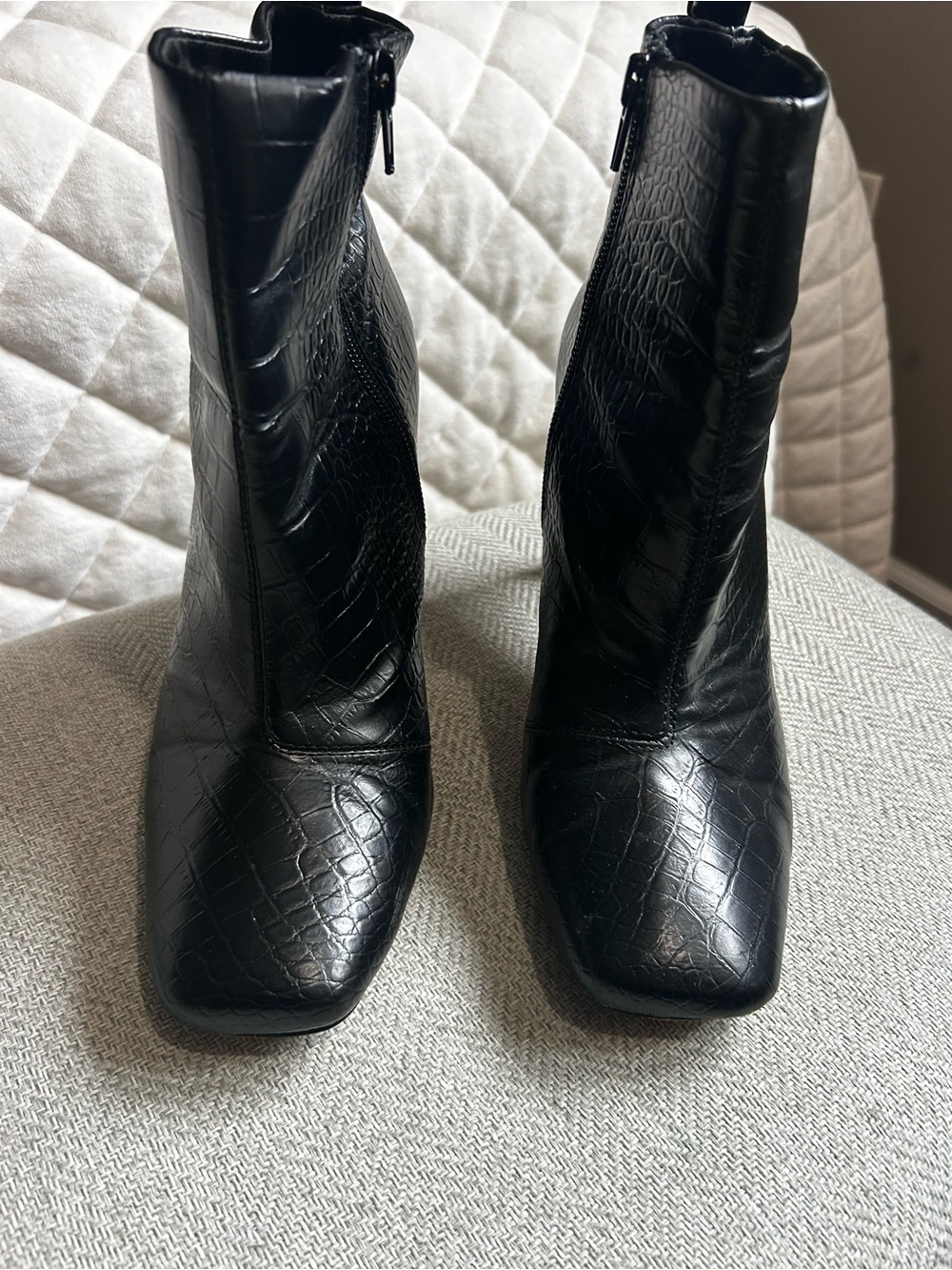 Express Black Croc-Embossed Square-Toe Ankle Booties